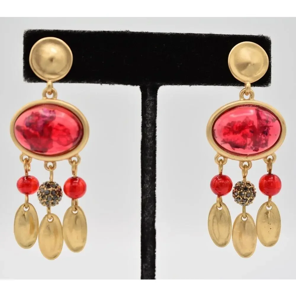 Statement Cabochon Dangle Earrings Red Lucite Brushed Gold Black Rhinestone 9L